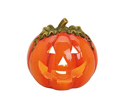 Halloween Deko Windlicht Teelichthalter Kerzenhalter „Kürbis mit Gesicht“ aus Ton glänzend - orange Ø18 x T17 cm - stimmungsvolle Herbstdeko für Innen Außen Gruseldeko Tischdeko Garten Party von meindekoartikel