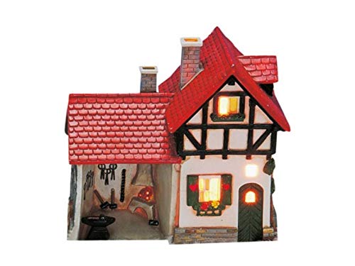 Haus Schmiede aus Porzellan – Windlicht Lichthaus Miniatur-Modell – B16 x T8 x H16 cm von meindekoartikel