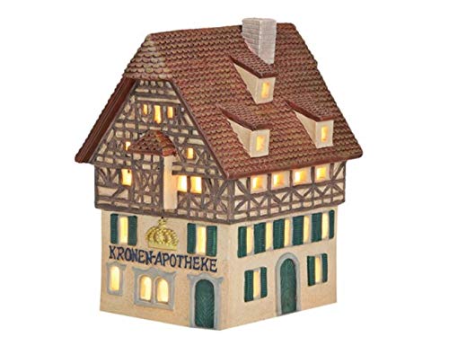 Kronen Apotheke aus Porzellan – Windlicht Lichthaus Miniatur-Modell – B11 x T16 x H17 cm - detailreiche Haus Dekoration Teelichthalter Weihnachtsdorf Sammlerobjekt Dekohaus Geschenkidee von meindekoartikel