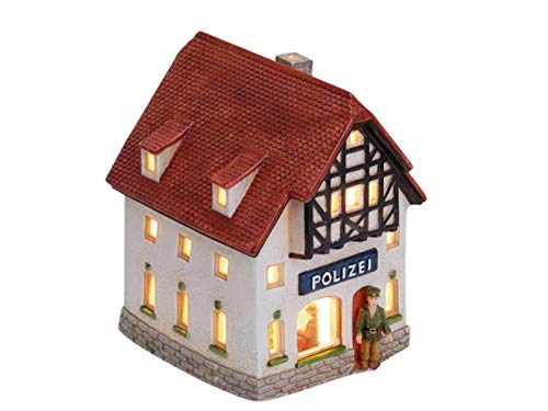 Polizei mit Gefängnis Fachwerkhaus aus Porzellan – Windlicht Lichthaus Miniatur-Modell – B14 x T11 x H16 cm detailreiche Haus Dekoration Teelichthalter Weihnachtsdorf Sammlerobjekt Dekohaus von meindekoartikel