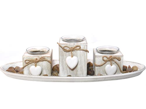 Schönes Deko-Set mit 3 Teelichthalter - dekoriert mit Herzen auf Tablett und Dekosteine - grau b39h10t14cm von meindekoartikel