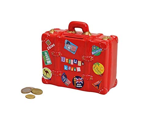 Spardose „Koffer“ Reisekasse Urlaubskasse aus Keramik B14xH13xT6cm (Rot) von meindekoartikel