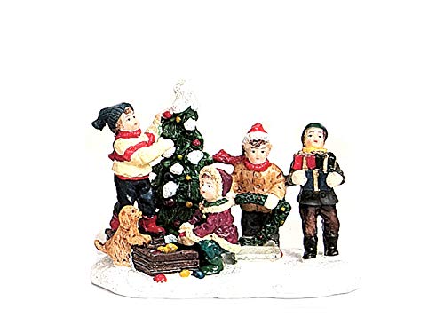 Weihnachtliche Miniatur-Figuren Winterwelt-Szene aus Poly Höhe 7 cm – Kinder schmücken Baum mit Hund von meindekoartikel