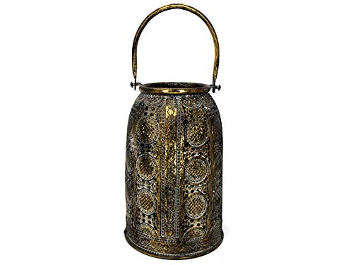 Windlicht Laterne mit Metallhenkel im orientalischem Stil mit Lochmuster – antik Finish/Gold Höhe 23cm x Ø 16,5cm von meindekoartikel