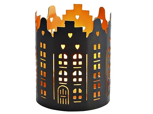 Windlicht - Romantische Strasse Altstadt-Häuser - Schattenspiel - Teelicht-, Kerzenhalter aus Metall Ø 13 cm - schwarz von meindekoartikel