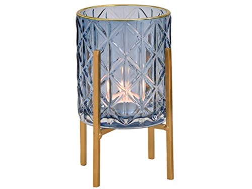 Windlicht aus Glas mit Muster auf Metall Fuß (blau Gold) Ø 9cm x Höhe 14cm – Teelichthalter Kerzenhalter von meindekoartikel