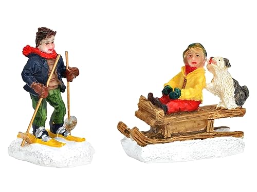 meindekoartikel 2er Set Figuren - Kinder auf Schlitten und Skier im Schnee - Lichthaus Winterwelt - Miniaturfiguren Miniatur-Modell für ihre Miniaturwelt von meindekoartikel