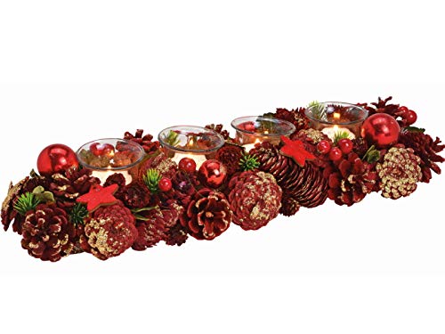 meindekoartikel Adventsgesteck Weihnachtsgesteck aus Holz und Kunststoff mit 4 Windlichter aus Glas für Teelichter (rot-Gold) B45 x H9 x T17cm von meindekoartikel