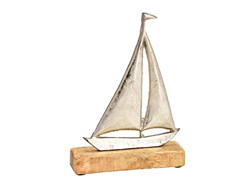 meindekoartikel Deko-Aufsteller Segelboot aus Metall auf Sockel aus Mangoholz (Silber/Natur) (Höhe 21cm x Breite 16cm x Tiefe 5cm) von meindekoartikel