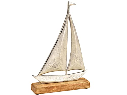 meindekoartikel Deko-Aufsteller Segelboot aus Metall auf Sockel aus Mangoholz (Silber/Natur) (Höhe 27cm x Breite 18cm x Tiefe 5cm) von meindekoartikel