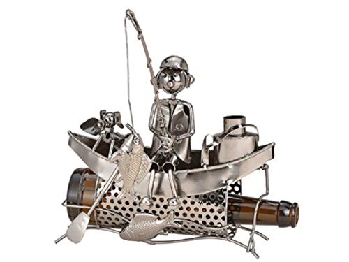 meindekoartikel Figur Flaschenhalter für Bierflasche Angler auf Boot aus Metall (Silber) Breite 23cm x Höhe 20cm x Tiefe 12cm von meindekoartikel