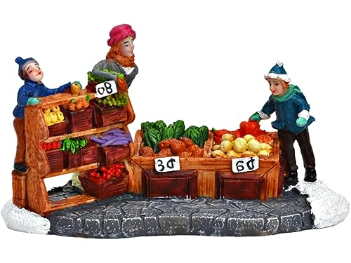 meindekoartikel Gemüsestand Verkaufsstand mit Figuren - Lichthaus Winterwelt - Miniaturfiguren Miniatur-Modell - schönes Detail für ihre Miniaturwelt von meindekoartikel