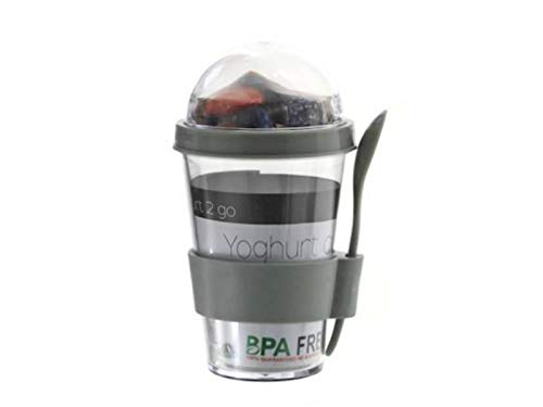 Joghurt-Becher Snack-Box Togo mit Löffel und Behälter im Deckel für Müsli oder Obst (Grau) von meindekoartikel