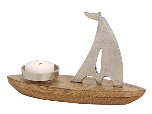 meindekoartikel Kerzenhalter mit Dekofigur aus Metall auf Sockel aus Mango Holz Silber/braun (Segelboot - B30xH20xT9cm) von meindekoartikel