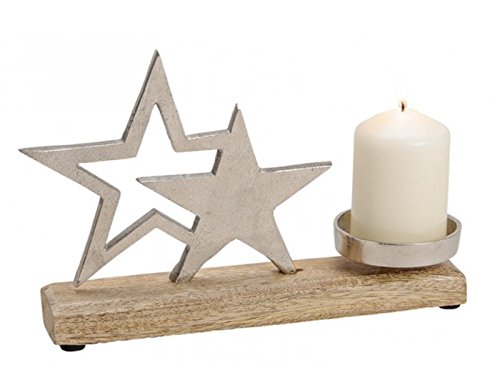 meindekoartikel Kerzenhalter mit Sterne aus Metall Silber – Mangoholz B25xT5xH16cm von meindekoartikel