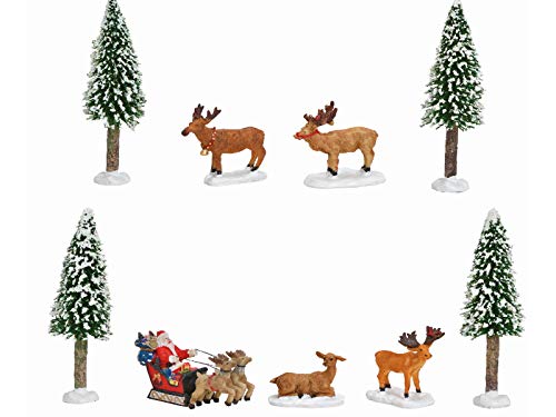 meindekoartikel Miniatur Winterszene Lichthaus Winterwelt 9-teiliges Deko-Set Bäume, Elche und Weihnachtsmann aus Poly Kunststoff (bunt) Höhe 5-13cm von meindekoartikel