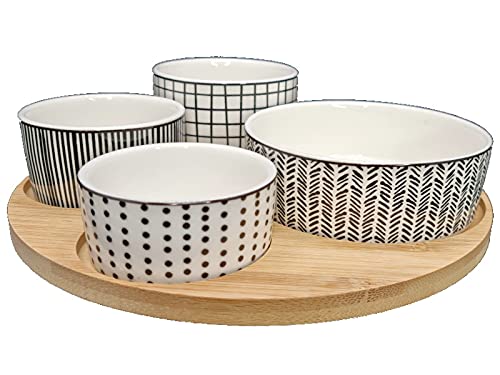 meindekoartikel Modernes Servierset mit 4 Schalen und Tablett - Snack Dip Antipasti Tapas – stilvolles Set für Party, Buffet, Küche, Wohnzimmer – Servierschalen aus Keramik mit Holztablett von meindekoartikel
