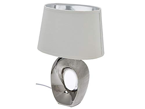 Edle Tischleuchte mit ovalem Stoffschirm Weiß-Silber, Höhe 33cm von meineWunschleuchte