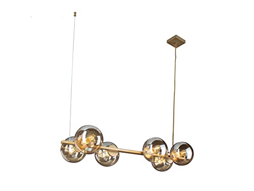 Mehrflammige Balken Pendelleuchte Messing 80cm breit - 6 Glaskugeln Rauchglas in Amber, Abhängung 120cm von meineWunschleuchte