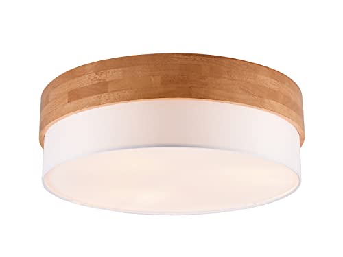 Runde Deckenleuchte, große Holzlampe mit Stoffschirm in Weiß Ø 50cm von meineWunschleuchte