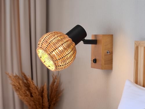meineWunschleuchte Wandstrahler 1-flammig Holzlampe mit Rattan Schirm in Natur von meineWunschleuchte