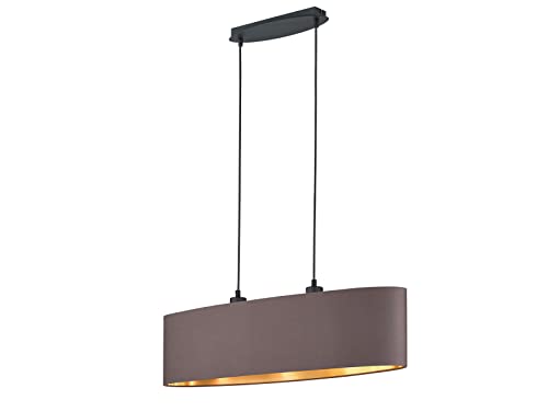 Zeitlose ovale Pendelleuchte mit Stoff Lampenschirm in Braun und innen Gold, Breite 80cm von meineWunschleuchte