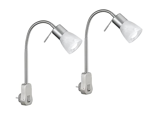 meineWunschleuchte 2er SET Steckerspots Silber Glas Lampenschirm Weiß mit Schalter & Flexarm, 40cm von meineWunschleuchte
