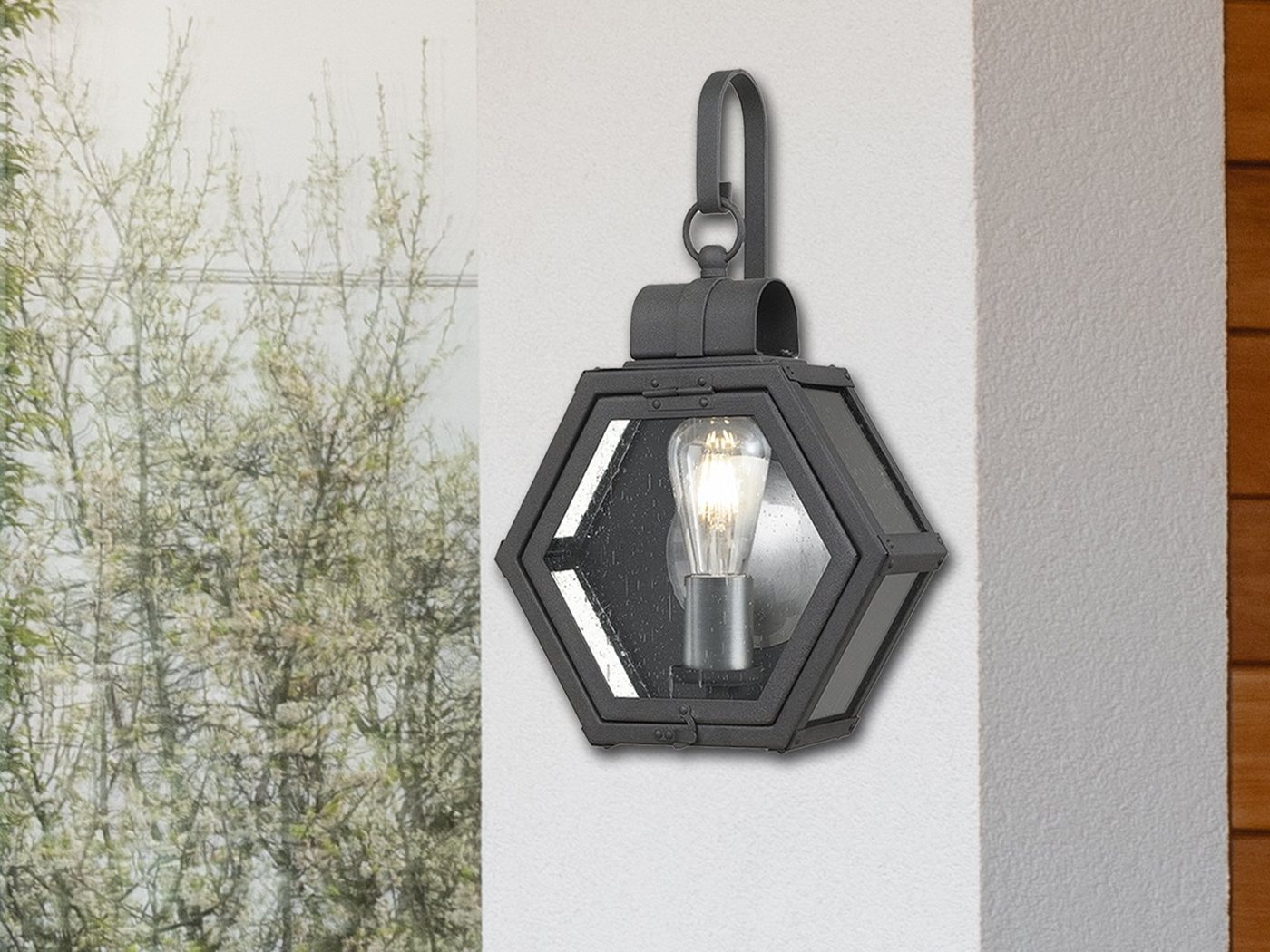 meineWunschleuchte LED Außen-Wandleuchte, LED wechselbar, warmweiß, Haus-wand Laterne Außenbereich ausgefallene Hexagon, Schwarz Höhe 48cm von meineWunschleuchte