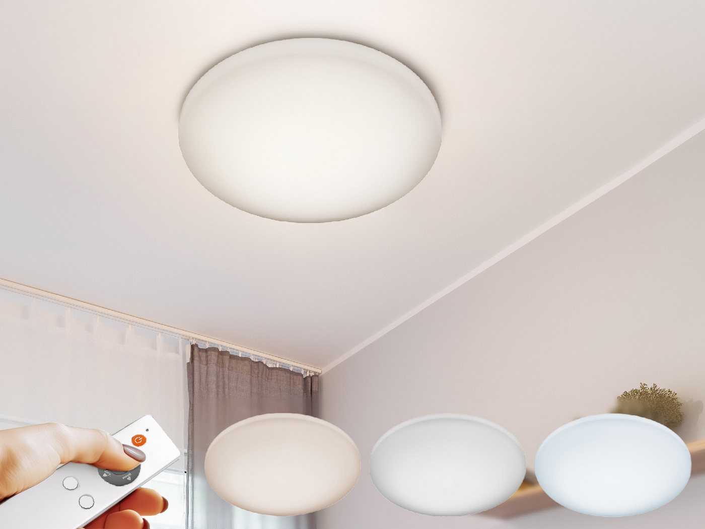 meineWunschleuchte LED Deckenleuchte, Dimmer, Farbsteuerung, Nachtlicht, LED fest integriert, flach mit Fernbedienung Ø 40cm, Treppenhaus Bad-ezimmer Decke, IP 44 von meineWunschleuchte