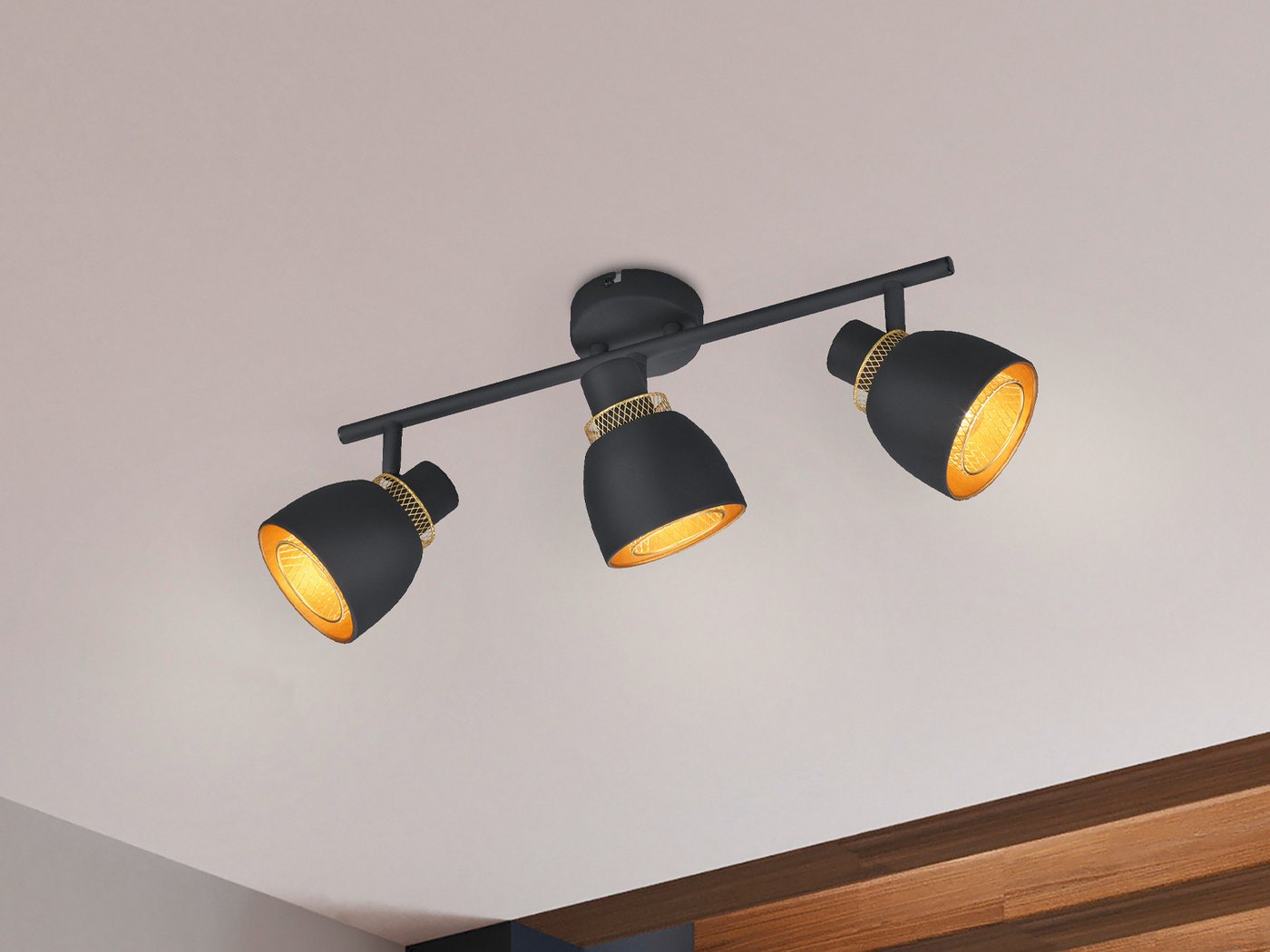 Reality Leuchten LED Deckenstrahler, Dimmfunktion, LED wechselbar, Warmweiß, Industrial Deckenlampe Lampenschirm Metall Schwarz Gitter Gold B: 45cm von Reality Leuchten