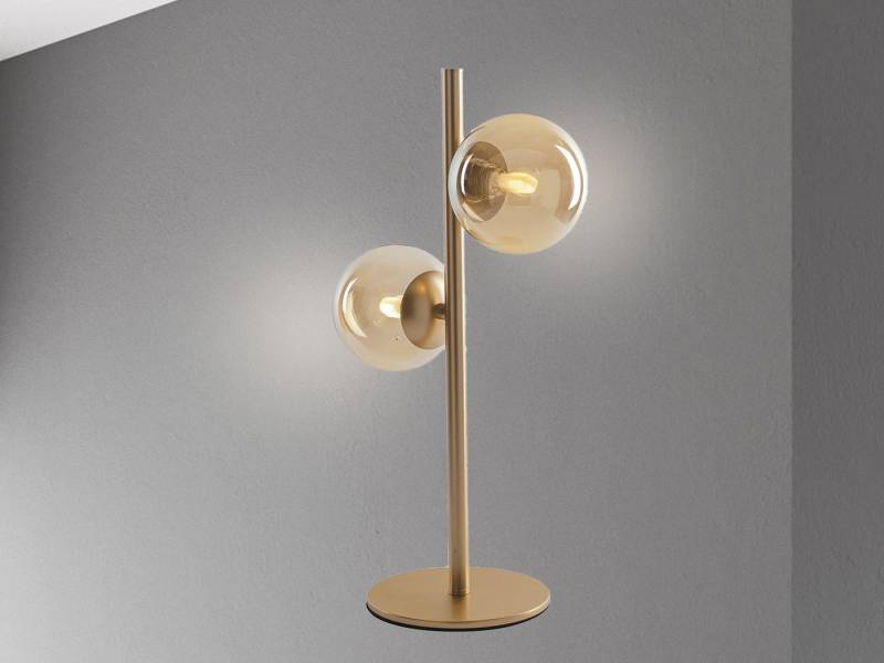 meineWunschleuchte LED Nachttischlampe, Dimmfunktion, LED wechselbar, Warmweiß, große ausgefallene Designer Bauhaus Lampe dimmbar, 2x Glas-kugel Gold von meineWunschleuchte