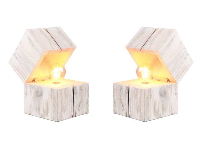 TRIO Leuchten LED Nachttischlampe, Klappkontaktschalter, LED wechselbar, Warmweiß, 2er SET kleine ausgefallene Würfel Holz-lampe Weiß Fensterbank H: 16cm von TRIO Leuchten