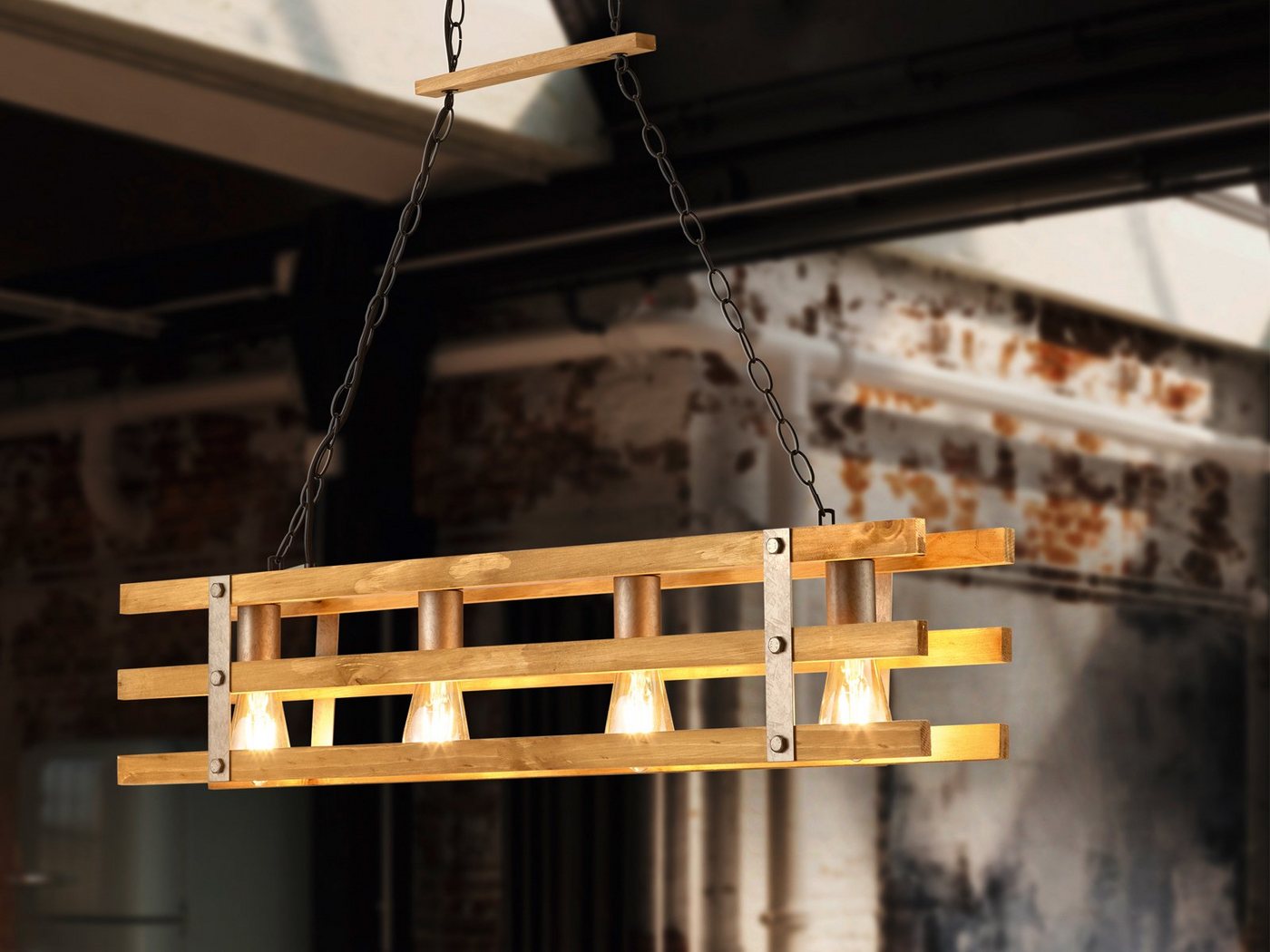 meineWunschleuchte LED Pendelleuchte, LED wechselbar, Warmweiß, Lampe mit Holz-Balken Industriedesign Vintage mehrflammig Breite 100cm von meineWunschleuchte