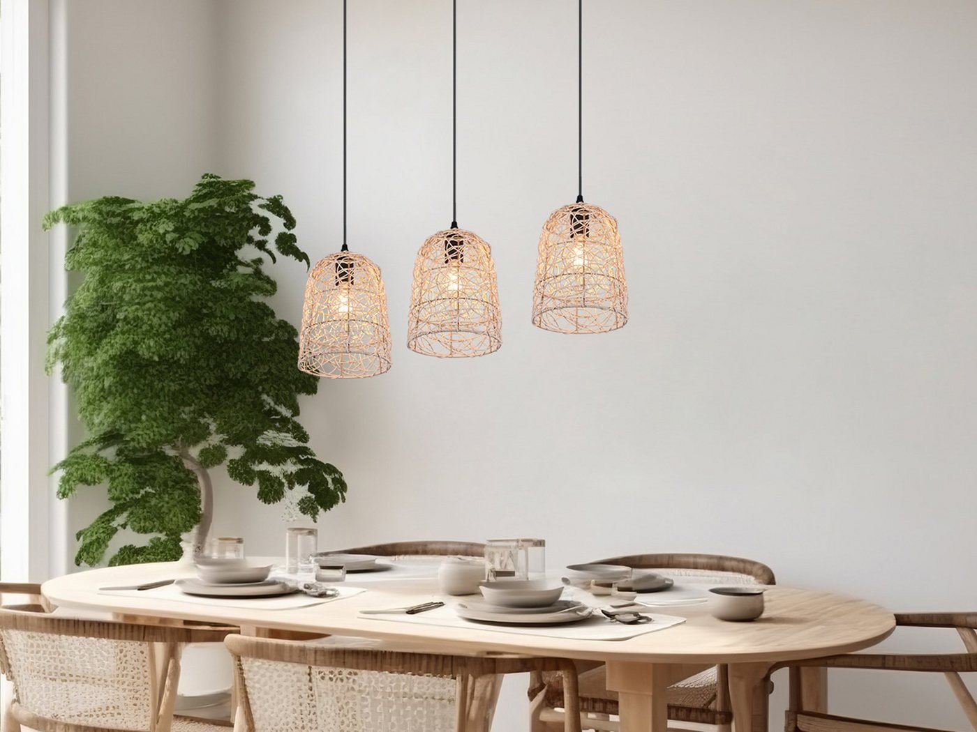 meineWunschleuchte LED Pendelleuchte, Dimmfunktion, LED wechselbar, warmweiß, Boho Lampen-schirm Rattan hängend übern Esstisch 3-flammig Breite 76cm von meineWunschleuchte