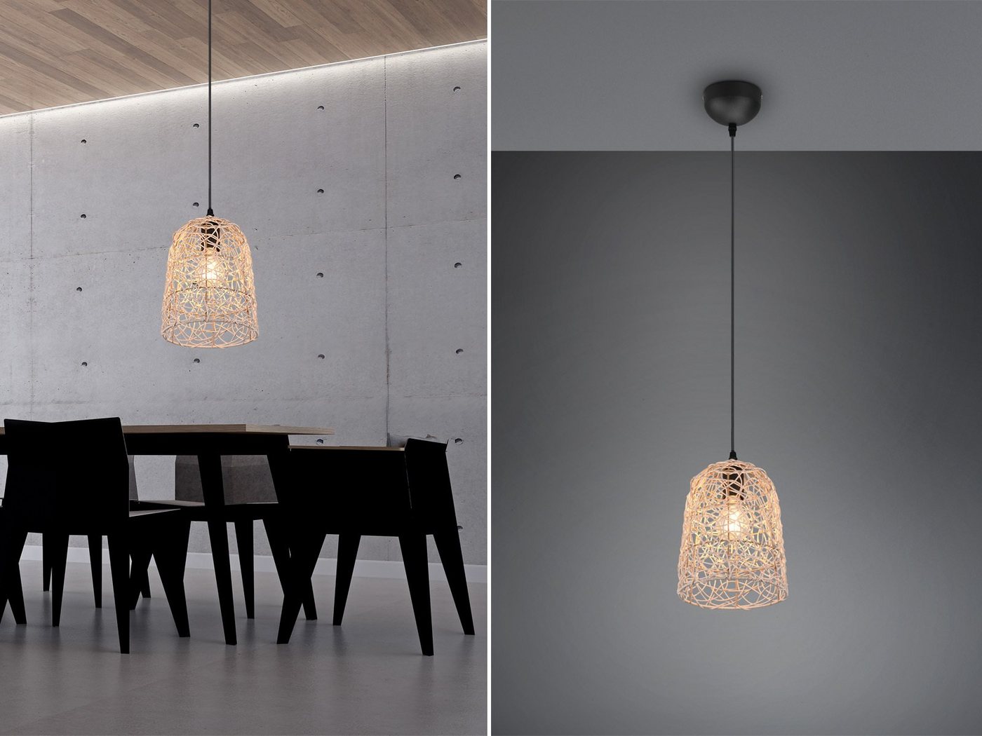 meineWunschleuchte LED Pendelleuchte, Dimmfunktion, LED wechselbar, warmweiß, klein-e Boho Lampen-schirm Rattan hängend über-n Esstisch, Ø19cm von meineWunschleuchte