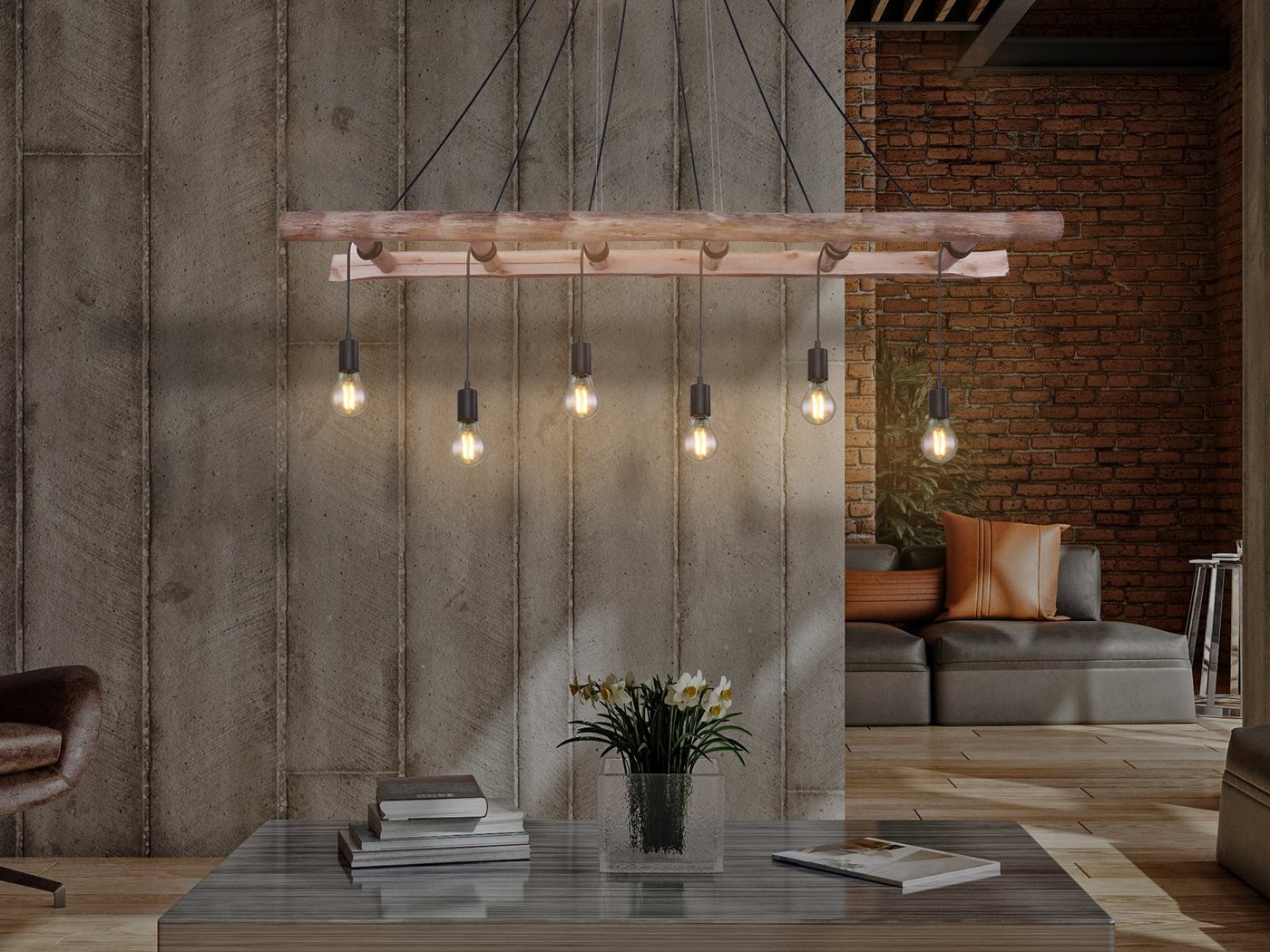 meineWunschleuchte LED Pendelleuchte, Dimmfunktion, LED wechselbar, Warmweiß, Balkenlampe mit Holz-balken über Esstisch & Kochinsel hängend L: 160cm von meineWunschleuchte