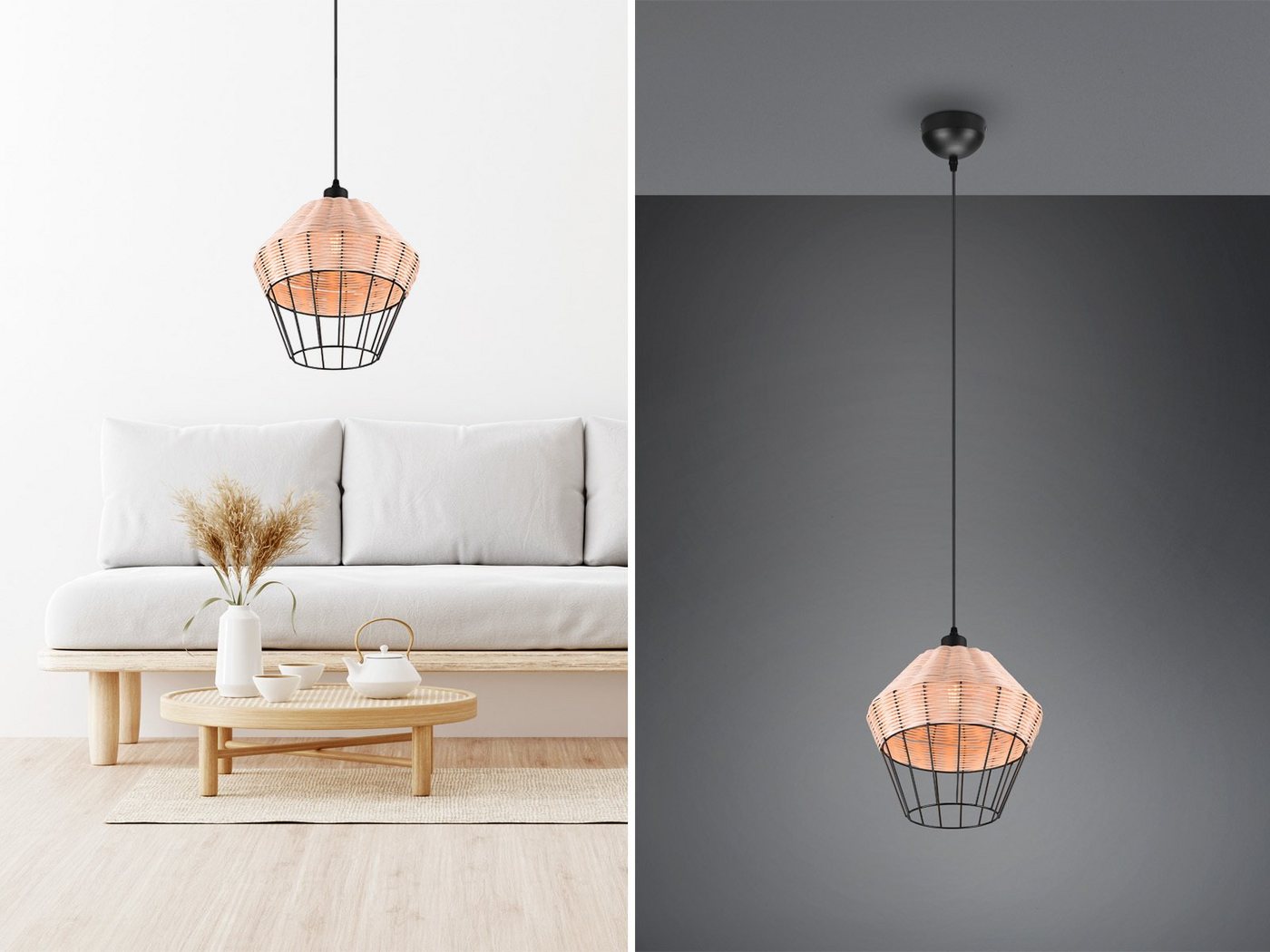 meineWunschleuchte LED Pendelleuchte, Dimmfunktion, LED wechselbar, warmweiß, Einflammig über Kochinsel hängend Boho Lampenschirm Rattan Natur 30cm von meineWunschleuchte