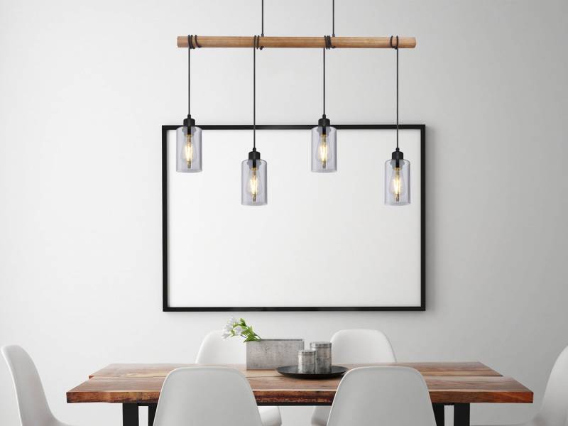 meineWunschleuchte LED Pendelleuchte, Leuchtmittel stufenweise über Wandschalter dimmbar, LED wechselbar, warmweiß, Designer-lampen Balken-lampe Rauchglas & Holz-balken hängend, B 98cm von meineWunschleuchte