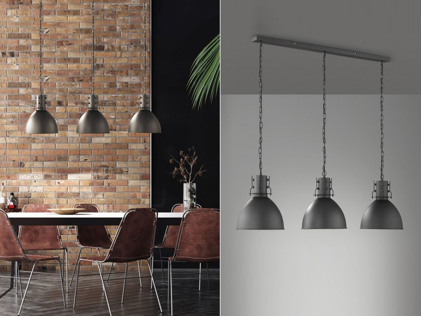 meineWunschleuchte LED Pendelleuchte, dimmbar, LED wechselbar, Warmweiß, dreiflammig hängend Lampenschirme Schwarz / Silber Industrial Design von meineWunschleuchte