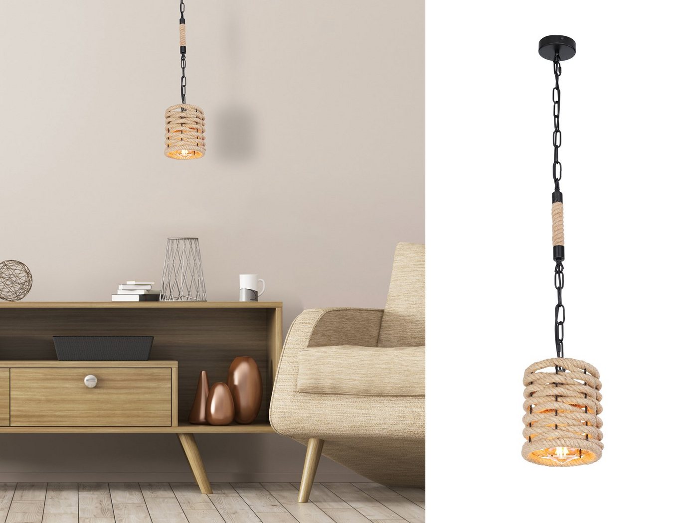 meineWunschleuchte LED Pendelleuchte, Leuchtmittel stufenweise über Wandschalter dimmbar, LED wechselbar, warmweiß, klein-e Boho Lampenschirm Seil-lampe über-n Esstisch Korblampe, Ø15cm von meineWunschleuchte