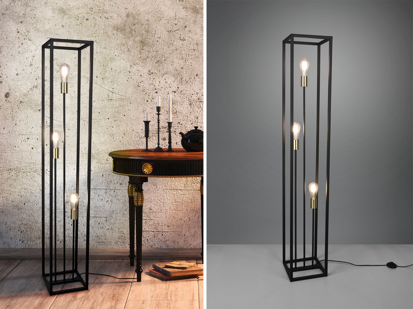 meineWunschleuchte LED Stehlampe, LED wechselbar, Warmweiß, ausgefallene moderne Industrial mehrflammig Schwarz Gold-en Höhe 153cm von meineWunschleuchte