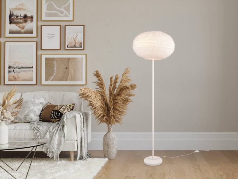 Reality Leuchten LED Stehlampe, Dimmfunktion, LED wechselbar, Warmweiß, ausgefallen-e moderne Skandi mit Plüsch Kugel Lampenschirm, Höhe 154cm von Reality Leuchten