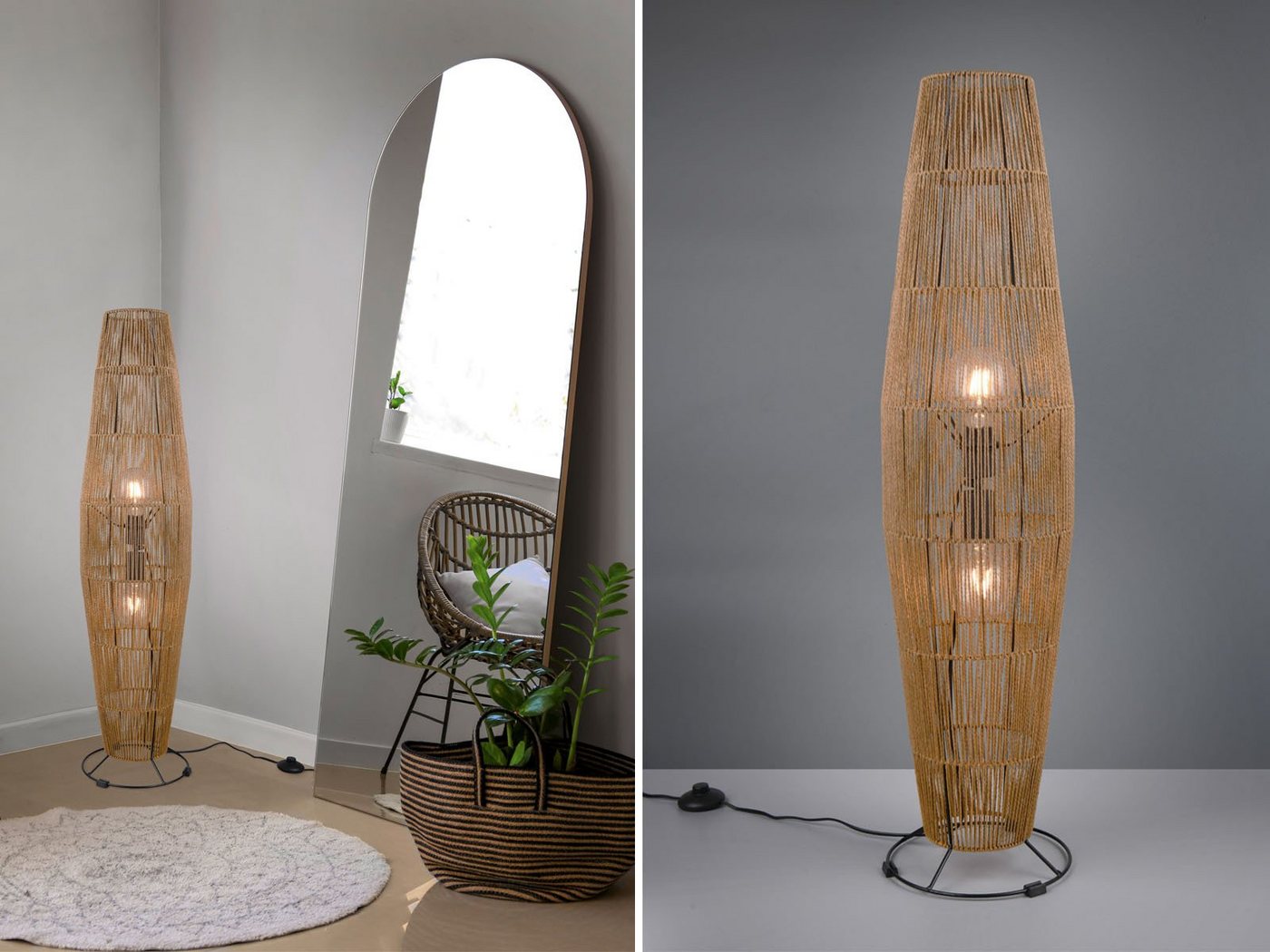 meineWunschleuchte LED Stehlampe, Dimmfunktion, LED wechselbar, warmweiß, dimmbar Lampenschirm aus Papier, kleine Boho Korb-lampe Ecke, H 103cm von meineWunschleuchte