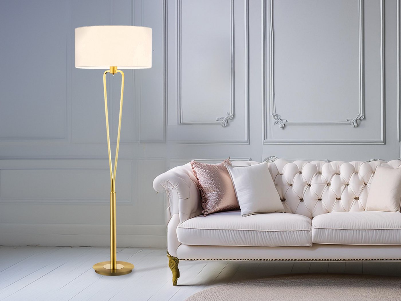 meineWunschleuchte LED Stehlampe, LED wechselbar, Warmweiß, Design-klassiker gold-en Lampenschirm-e Stoff Weiß Ecke, Höhe 160cm von meineWunschleuchte