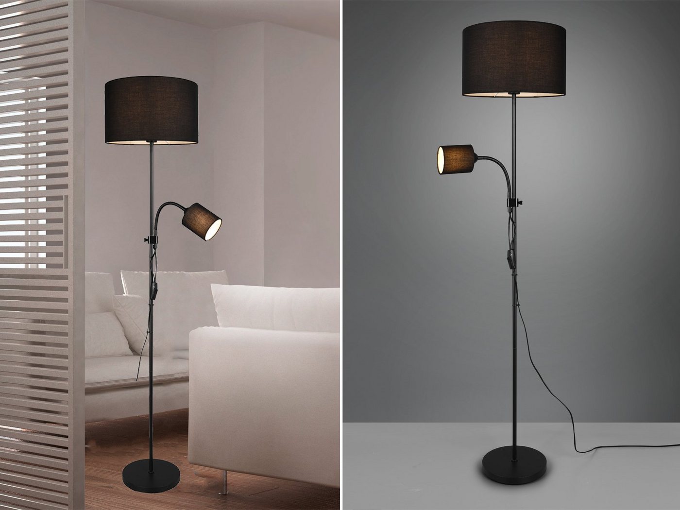 meineWunschleuchte LED Stehlampe, Lesearm, LED wechselbar, Warmweiß, Design-klassiker mit Leselampe Lampenschirm-e Stoff Schwarz Höhe 160cm von meineWunschleuchte