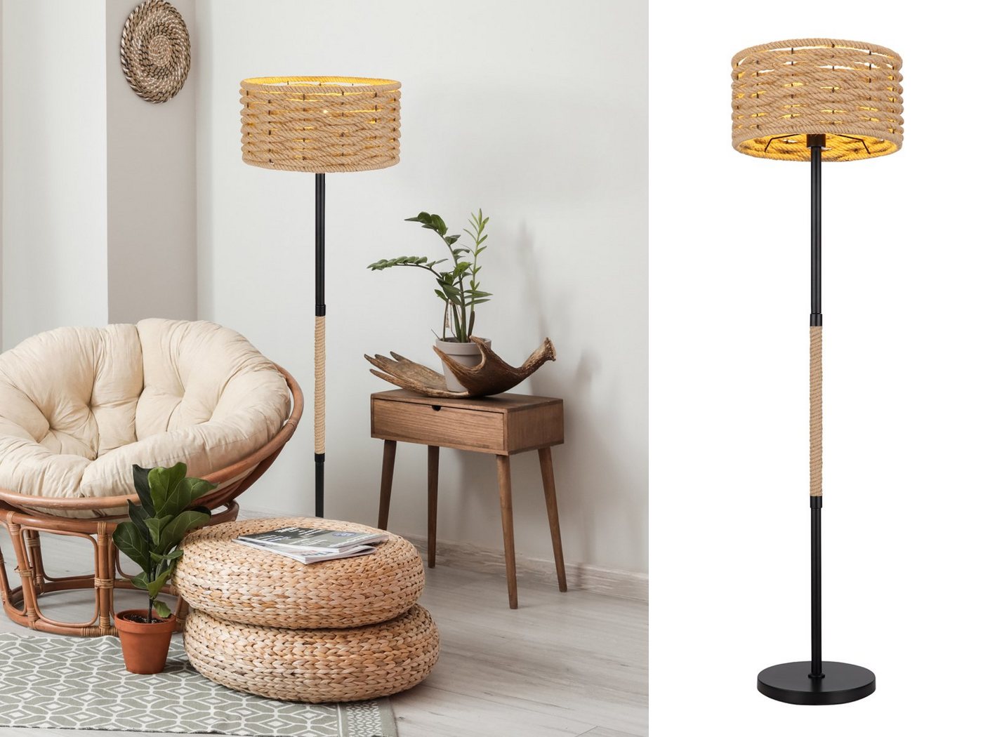 meineWunschleuchte LED Stehlampe, Leuchtmittel stufenweise über Fußschalter dimmbar, LED wechselbar, warmweiß, ausgefallene Seil-lampe dimmbar Lampenschirm Boho Style Ecke, H 147cm von meineWunschleuchte