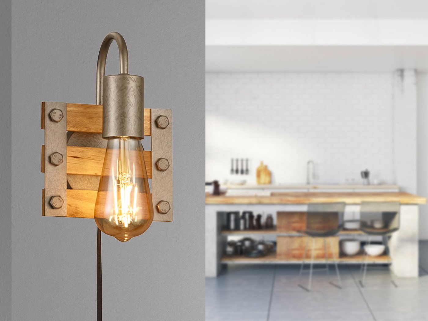 meineWunschleuchte LED Wandleuchte, LED wechselbar, Warmweiß, mit Schalter und Stecker Holz-lampe rustikal Vintage Industrial H 20cm von meineWunschleuchte