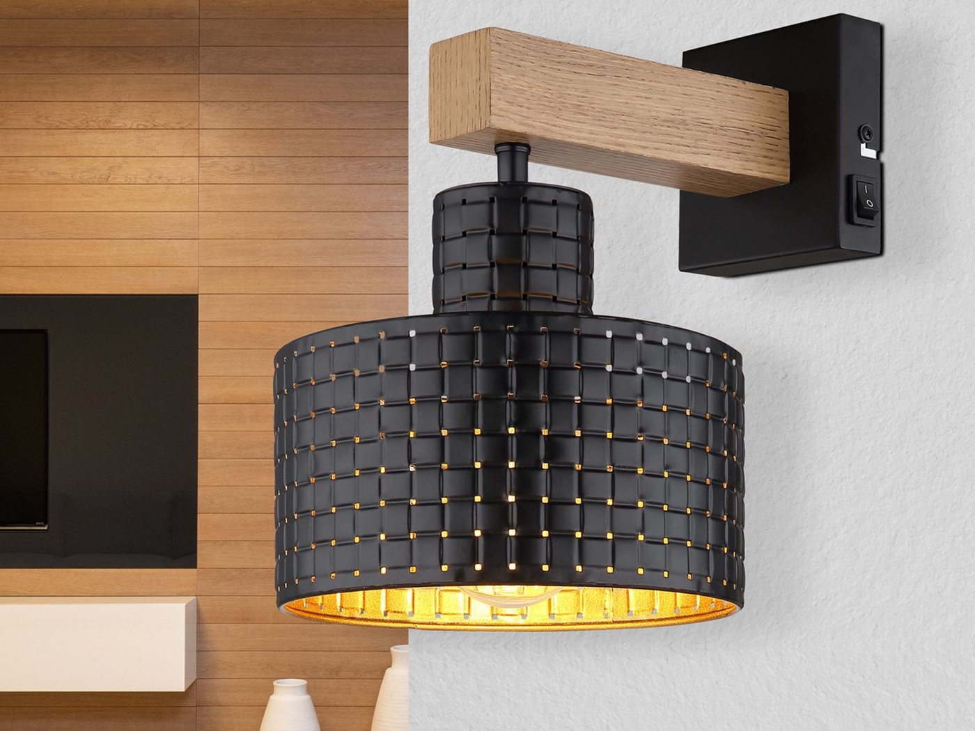 meineWunschleuchte LED Wandleuchte, LED wechselbar, warmweiß, innen mit Schalter ausgefallen-e mit Holz Schwarz Gold-en, Höhe 24,5cm von meineWunschleuchte