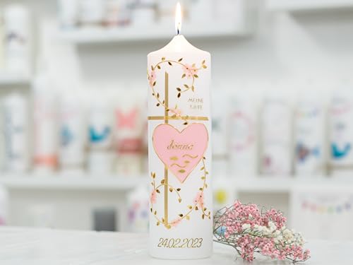meinkerzenshop Taufkerze Jonna personalisiert mit Name und Datum, individuell und mit Echtwachs handverziert für Junge und Mädchen von meinkerzenshop