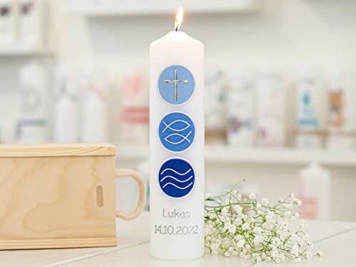meinkerzenshop Taufkerze RIGA Junge oder Mädchen mit Name und Datum, individuell, persönlich u. handgemacht 16961 von meinkerzenshop
